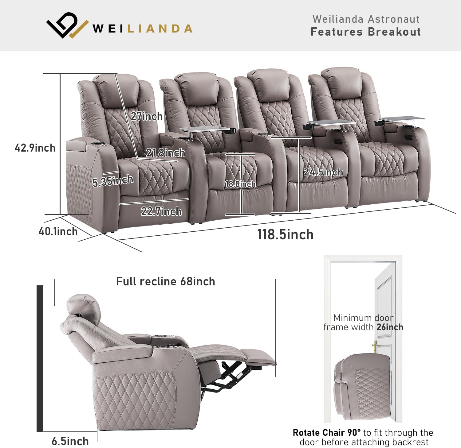 Weilianda Home Theater Seating Top Grain Leather Zero Gravity Recliner Chair Power Headrest Recline Movie Seat Gaming 7 Colors Mood Light Sofa with Tray Table USB Charge Row of 4 Grey