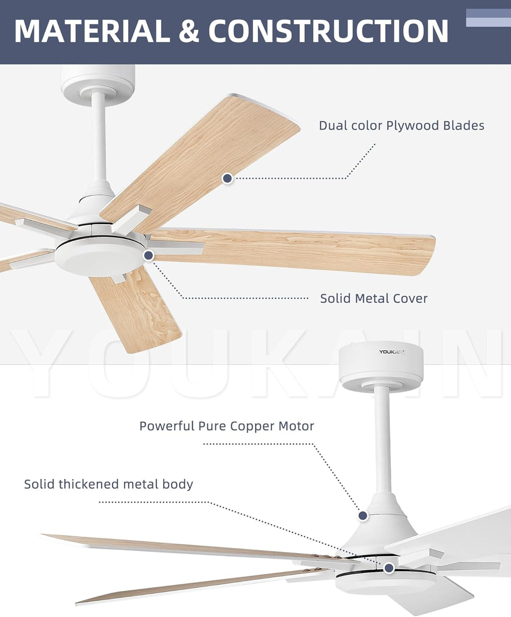 YOUKAIN Ceiling Fan No Light, 52 Inch White Ceiling Fans, Smart Ceiling Fans with Remote & APP Control, Reversible Blades, Cover Outdoor Ceiling Fan for Living room, Bedroom, 52-YJ812-WH-NL
