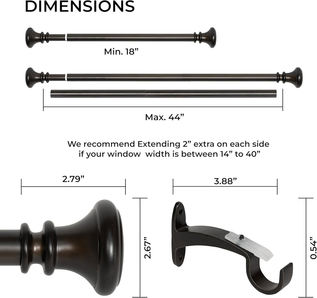 Deco Window Adjustable Curtain Rod for Windows 18 to 44 Inch (Pack of 1) Extendable Heavy Duty 1 Inch Iron Drapery Pole with Finials Wall Mounted French Door Curtain Rods (Bronze)