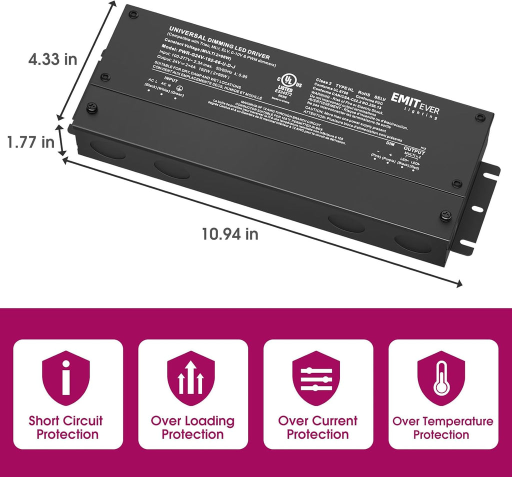 EMITEVER 192W Dimmable LED Driver, 24V 5-in-1 Dimmable Power Supply,2-Channels AC to DC Transformer for LED Light, Compatible with Lutron and Leviton Dimmer, Waterproof IP67 and UL Listed, Class 2