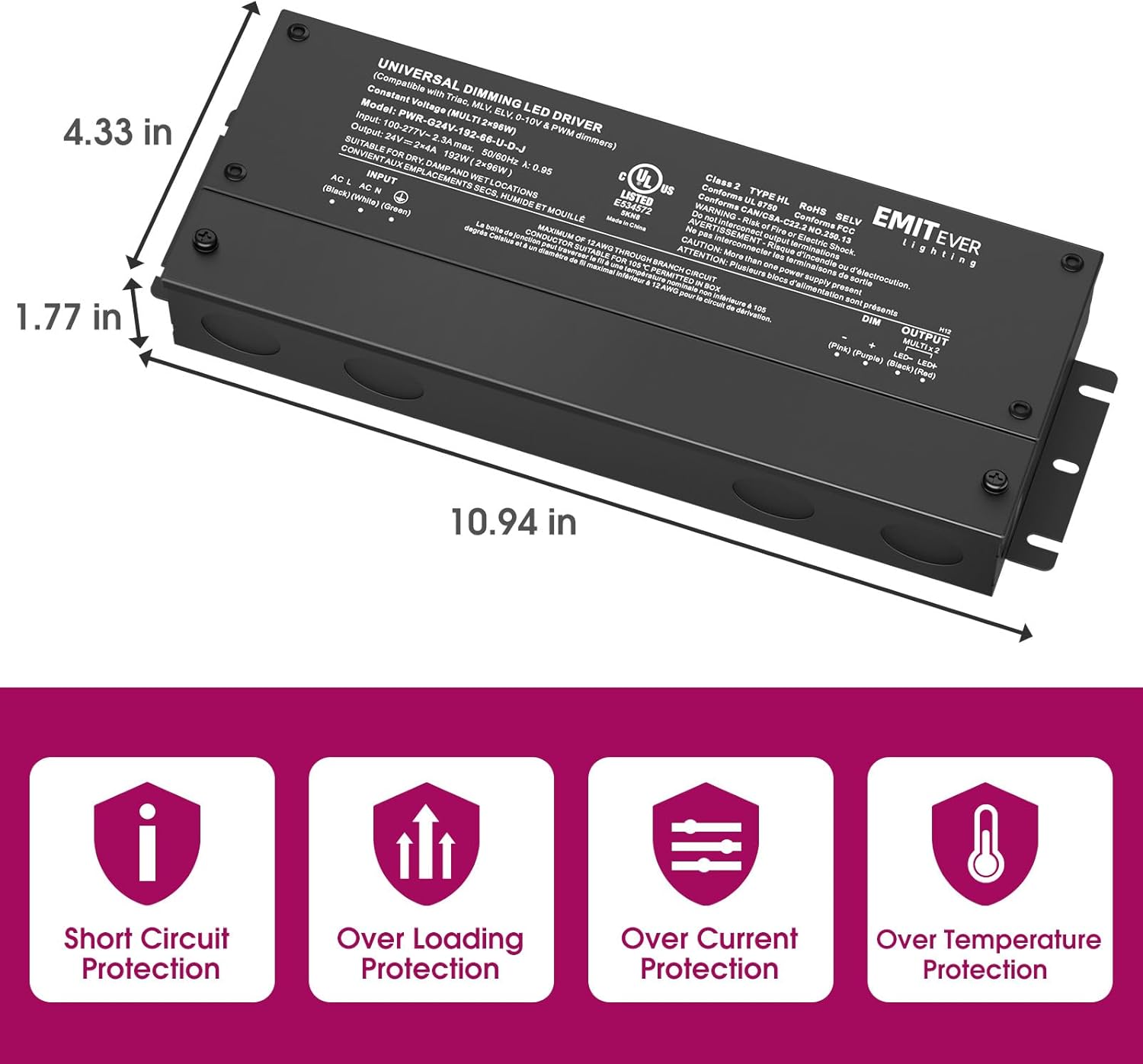 EMITEVER 192W Dimmable LED Driver, 24V 5-in-1 Dimmable Power Supply,2-Channels AC to DC Transformer for LED Light, Compatible with Lutron and Leviton Dimmer, Waterproof IP67 and UL Listed, Class 2