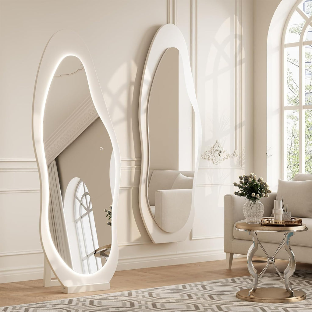 WoodsWhisper 69"X 24" Soild Wood Mirror Full Length,Wavy Wall Mirror,Lights Irregular Led Full Length MirrorShatter-Proof Hanging or Leaning Against Wall for Cloakroom/Bedroom/Living Room(White)
