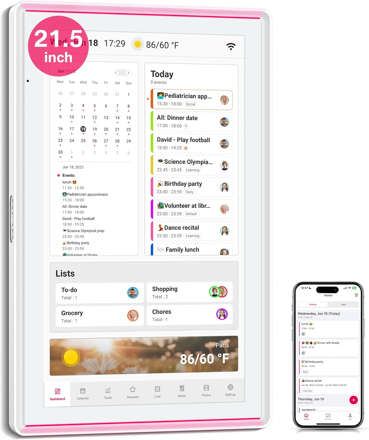 21.5 Inch Family Digital Calendar - Chore Chart, Meal Planner, Photo Display, FHD Interactive Touchscreen with LED Reminder, Wall & Desk Mount Smart Electronic Planner
