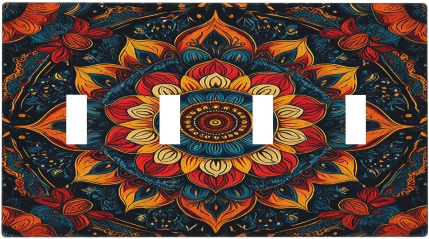 Light Switch Cover Plate Boho Colorful Mandala Quad Toggle Wall Plates Decorative Switch Plates 4 Gang Outlet Covers Electrical Panel Cover Faceplate for Home Decor 4.5 X 8 IN