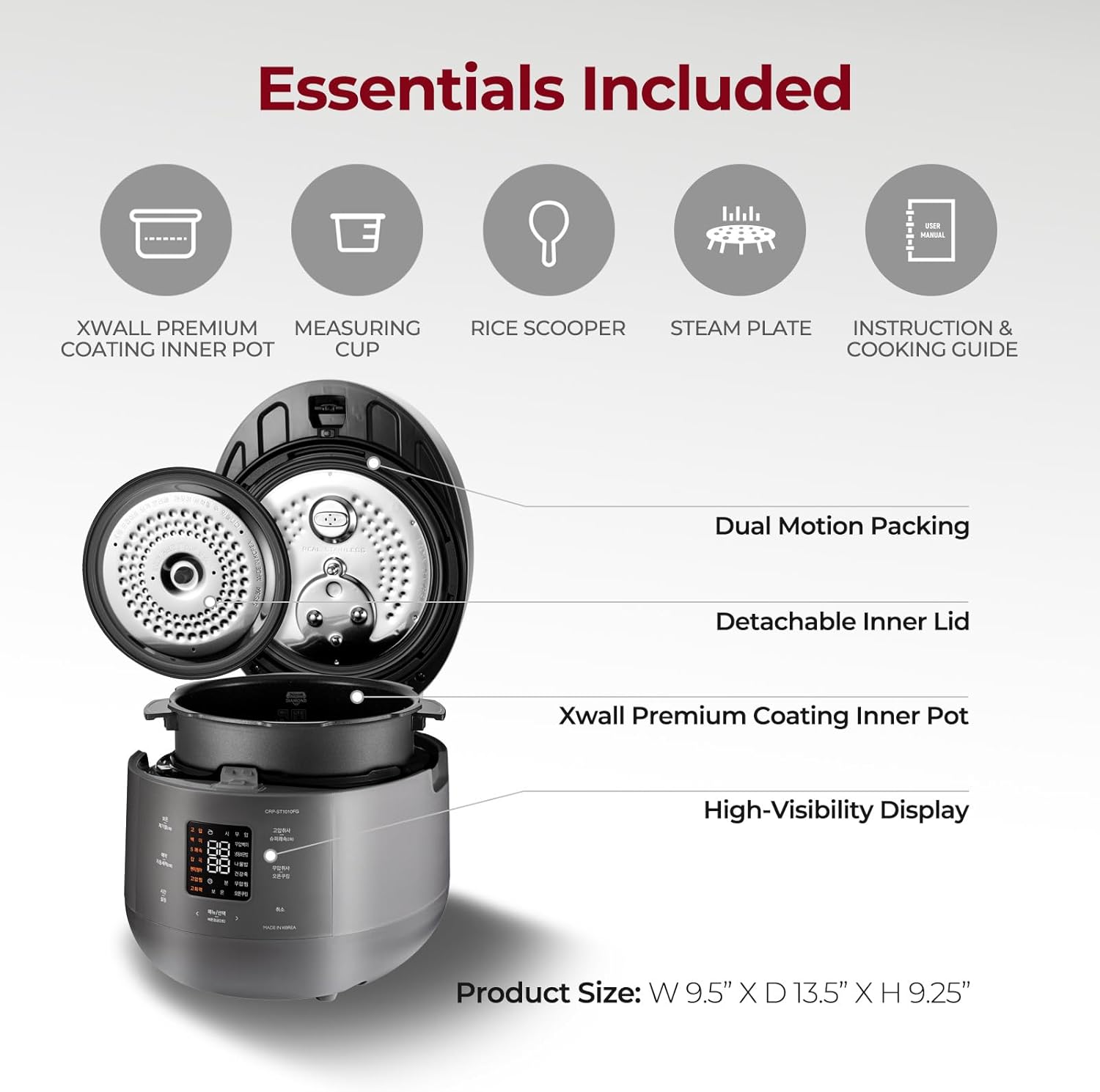 CUCKOO Twin Pressure Rice Cooker 6-Cup Uncooked / 12-Cup Cooked with Nonstick Inner Pot, Versatile Rice Maker & Warmer with 16 Menu Options, Open Cooking Mode, Voice Guide, Gray (CRP-ST0609FG)