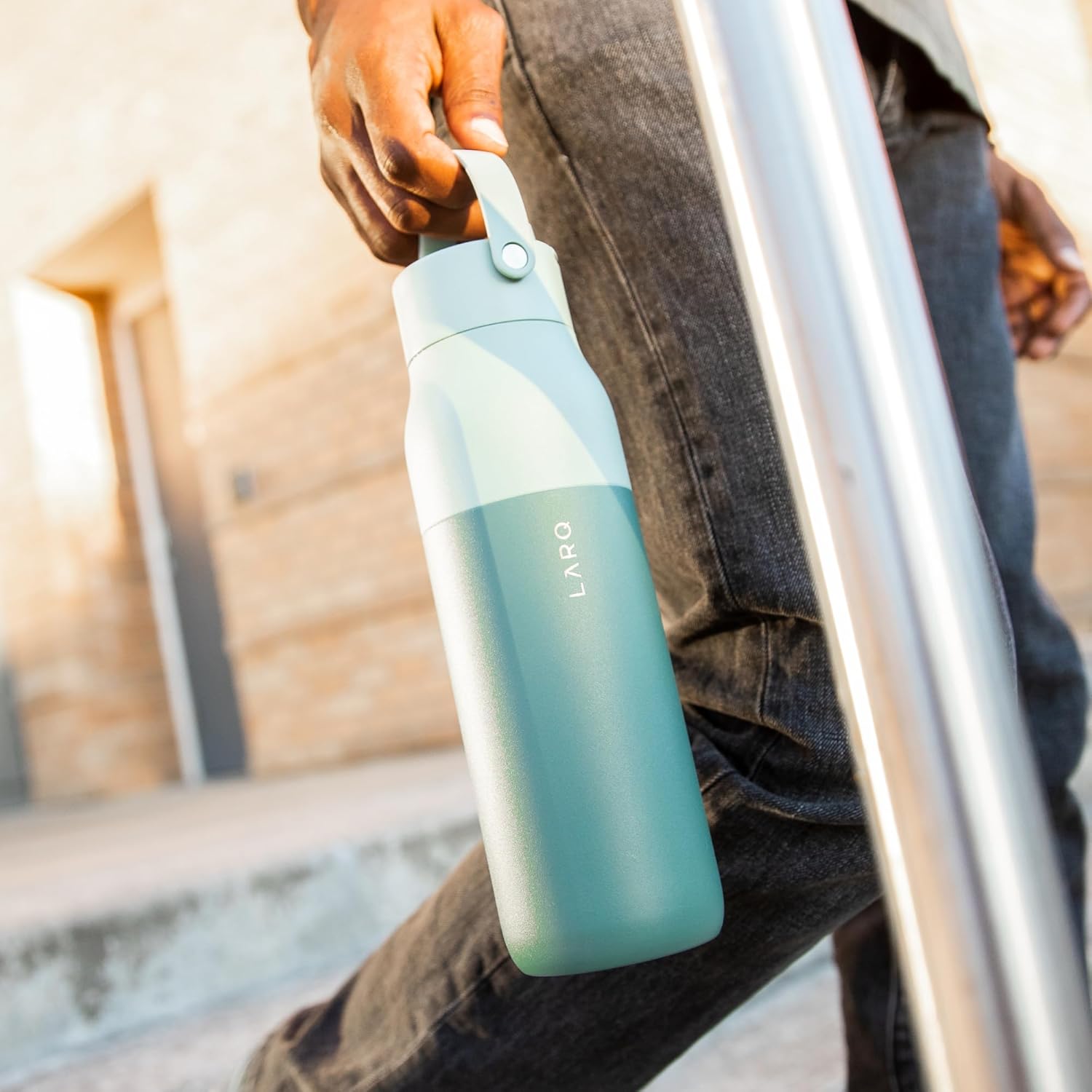 LARQ Bottle Swig Top 34oz - Insulated Stainless Steel Water Bottle With Built-In Silicone Handle | BPA Free | Reusable Water Bottle for Sports, Gym, and Travel, Eucalyptus Green