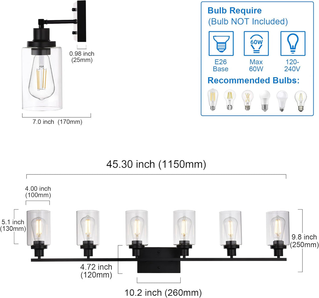 MELUCEE Black Vanity Light Fixture 6-Light Industrial Metal Wall Sconce Bathroom Lighting for Bedroom Hallway Kitchen, Clear Glass Shade Included (Patent No.: US D963914 S)