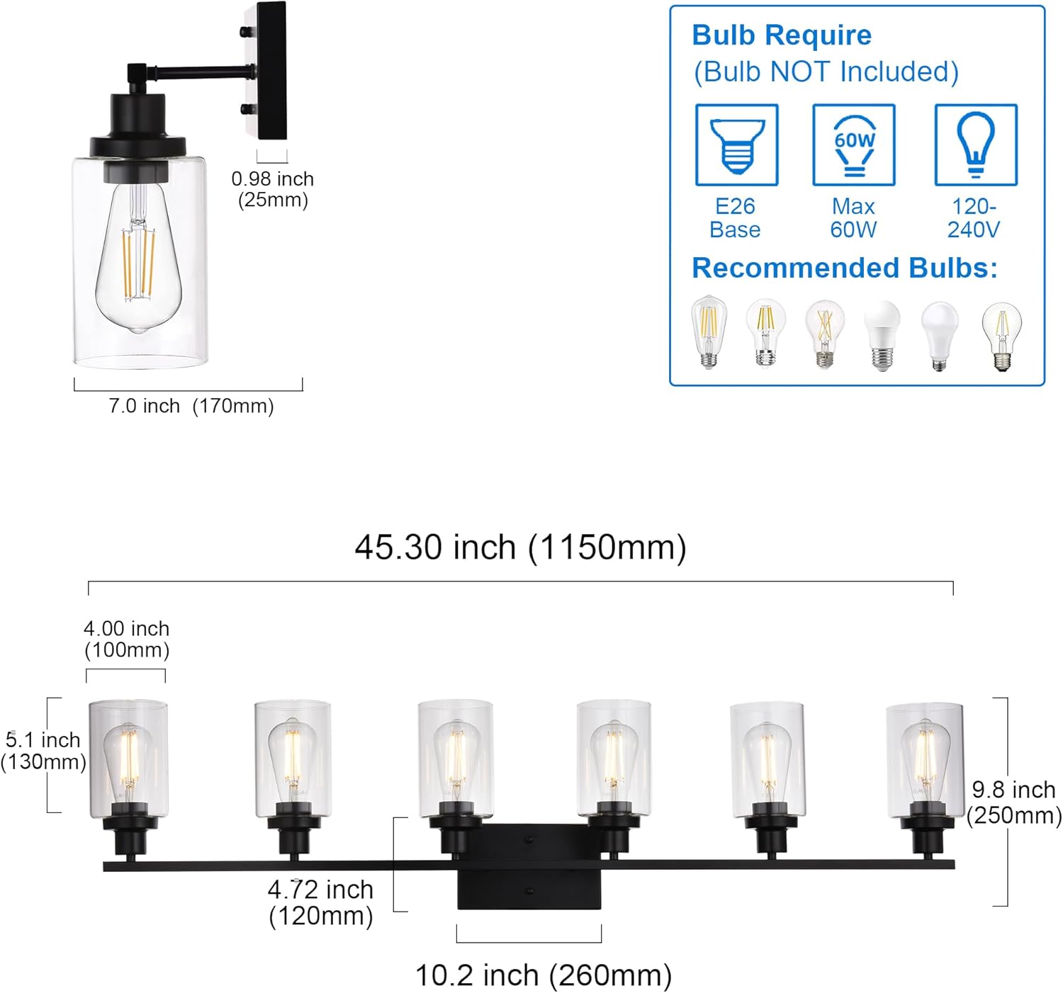 MELUCEE Black Vanity Light Fixture 6-Light Industrial Metal Wall Sconce Bathroom Lighting for Bedroom Hallway Kitchen, Clear Glass Shade Included (Patent No.: US D963914 S)