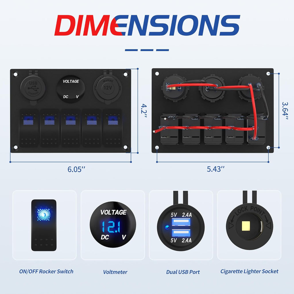 Marine Switch Panel Waterproof 12 Volt 5 Gang Rocker Switch Panel Blue Lighted with Dual USB Socket 4.8A & 12V LED Voltmeter & Cigarette Lighter Socket for Marine Boat Car RV Truck