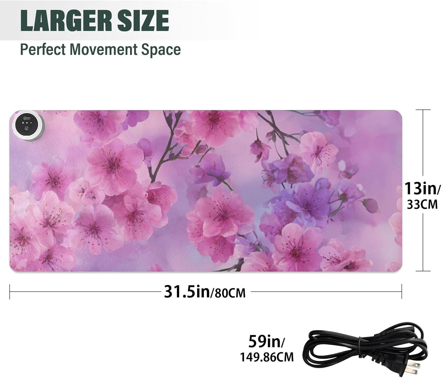 Heated Desk Pad Mouse Pad 31.5x13 Inch PU Leather Desk Mat with 3 Heat Levels Large Mouse Gaming Computer Laptop Mat Romantic Cherry Blossom