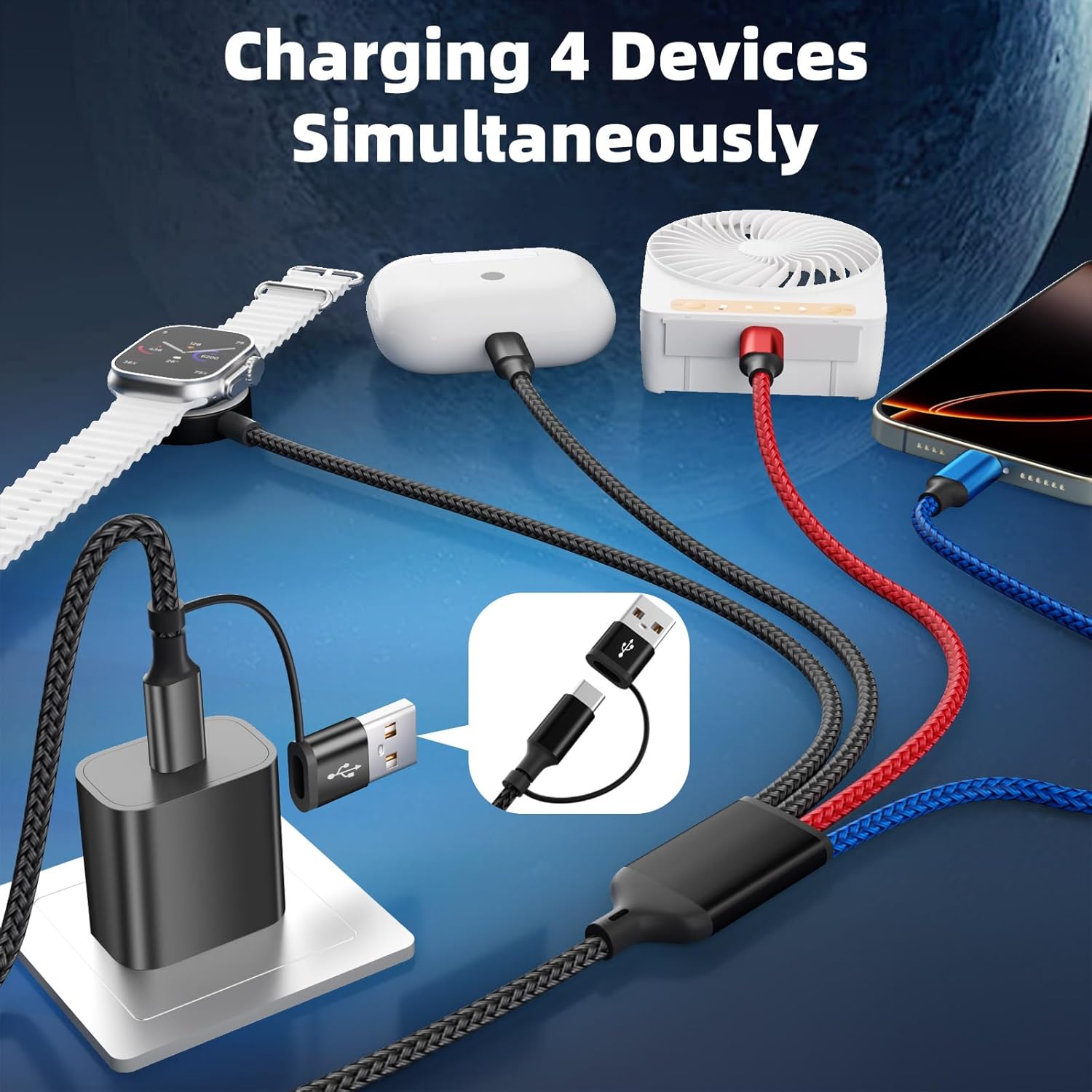 Dual Type-C Port 4 in 2 Multi Charging Cable for Apple iWatch Charger/iPhone 17/Lightning, Travel Charger for Multiple Devices, Christmas Gift for iWatch Ultra/SE/10-1, iPhone16-8, iPad - 2Pcs 5FT