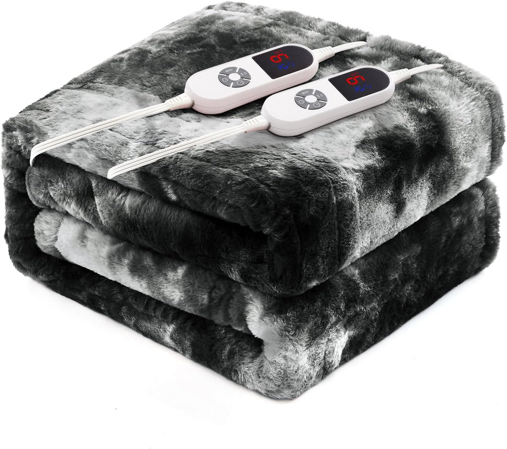 Electric Heated Blanket 84"x90",Luxury Black Faux Fur Electric Blanket ，Fast Heating Soft Fluffy Thick Electric Blanket with 10 Heating Levels & 12H Auto Off