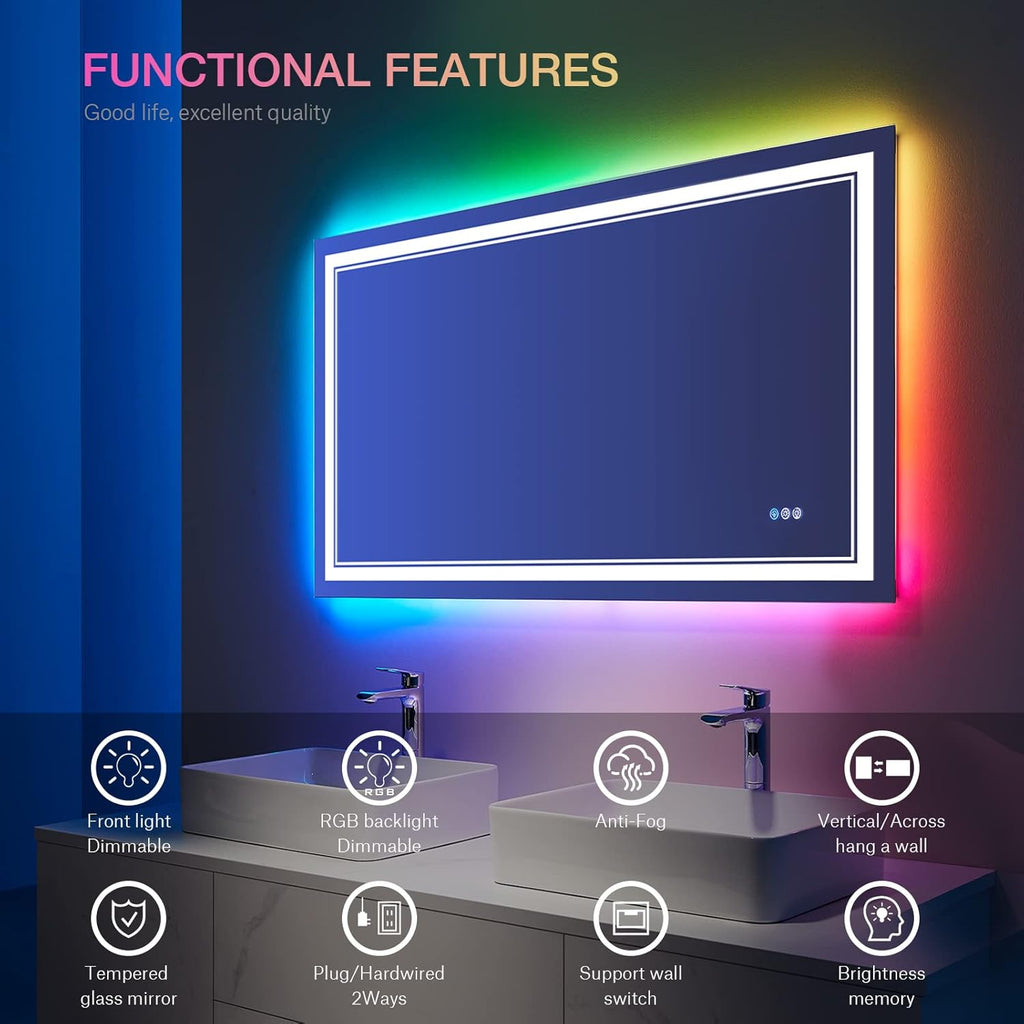 40x24 inch LED Mirror for Bathroom,RGB LED Lighted Bathroom Vanity Mirror with Lights,Shatterproof,Dimmable,Anti-Fog RGB Backlit Mirror (RGB Multicolor Backlit + Front-Lighted)