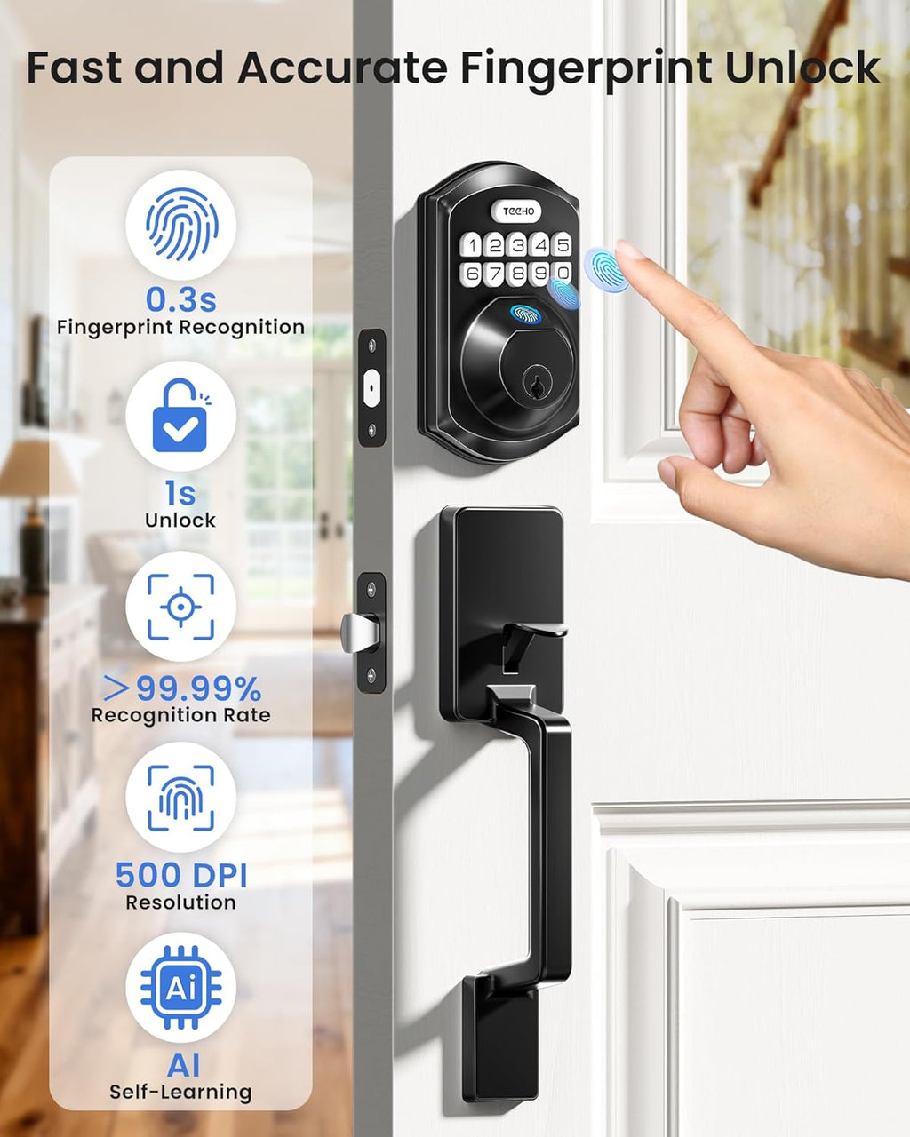 TEEHO TE012W-H WiFi Smart Door Lock with Handle, Fingerprint, Keypad, Key & App Control, Keyless Entry Deadbolt Set, Compatible with Alexa & Google Assistant, Easy Install for Front Door, Matte Black