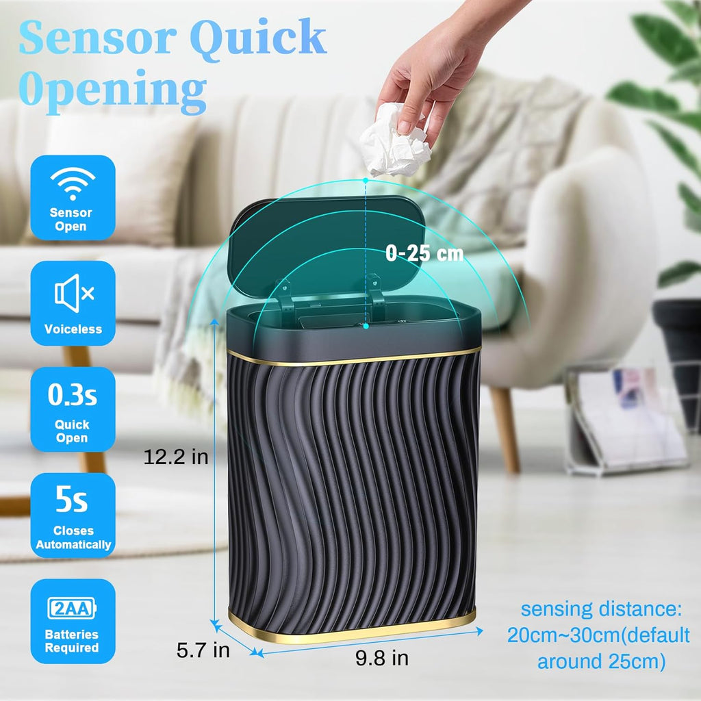 steo spce Automatic Motion Sensor Bathroom Small Trash Can with Lid, 2.6 Gallon Black Touchless Slim Garbage Can, Smart Waterproof Trash Bin for Bedroom, Restroom, Living Room, Office