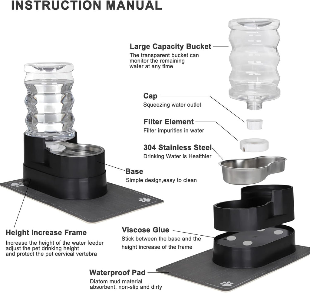RIZZARI Automatic Cat Water Dispenser: Black 7L Elevated - Stainless Steel Gravity Feeder with Specialized Brush and Triple Filtration - Splash Guard Mat - Use in Bedroom and Livingroom