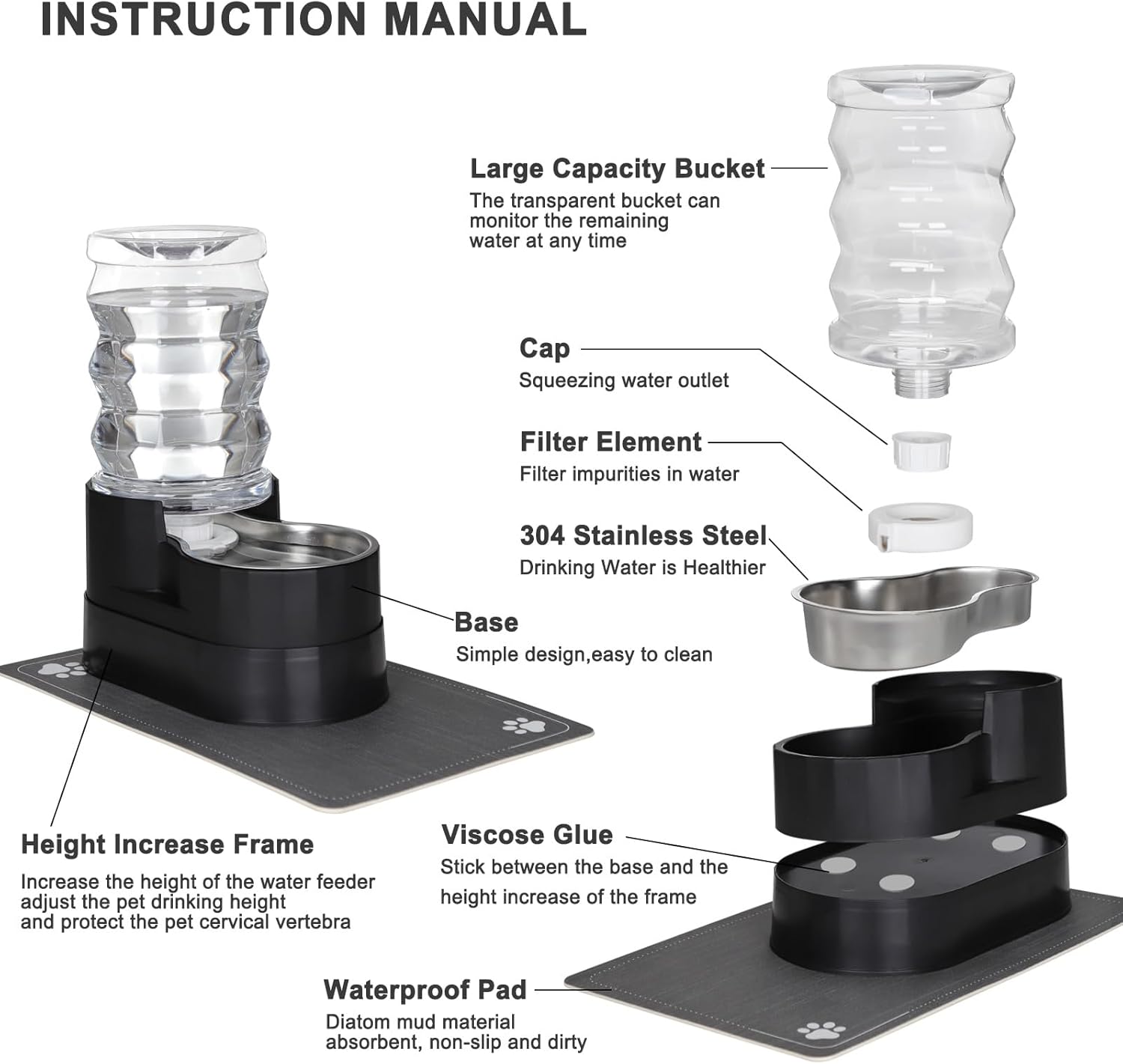 RIZZARI Automatic Cat Water Dispenser: Black 7L Elevated - Stainless Steel Gravity Feeder with Specialized Brush and Triple Filtration - Splash Guard Mat - Use in Bedroom and Livingroom