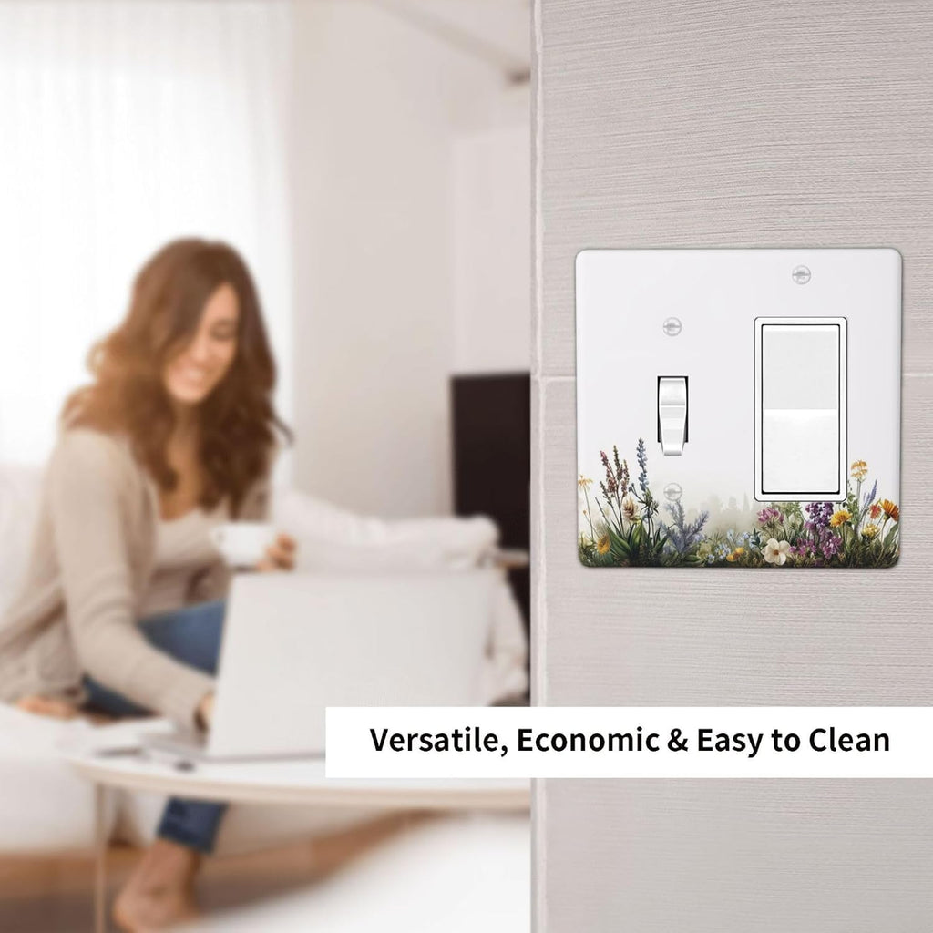 Outlet Covers White Background Colorful Flowers Plants Green Leaves 1 Toggle 1 Rocker Combo Light Switch Cover Plate Decorative Switch Plate Covers Electrical Wall Plate for Bedroom Home Decor