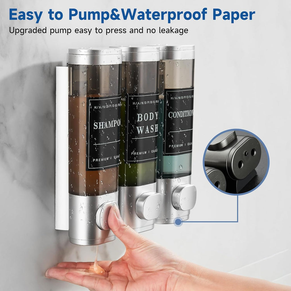 Shower Soap Dispenser 3 Chamber No Drill Wall-Mounted,Shampoo and Conditioner Dispenser Shampoo Dispenser for Shower Wall Mounted Body Wash Dispenser for Bathroom Hotel Kitchen Large Capacity