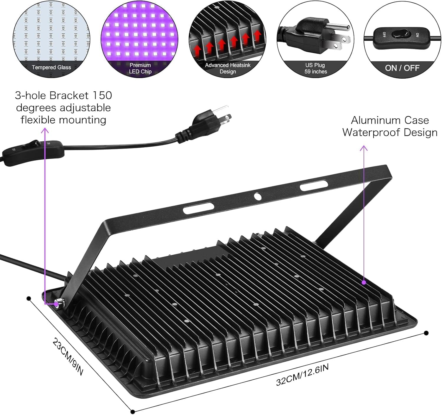 2 Pack 250W LED Flood Black Lights, Outdoor Flood Blacklight Light with Plug, IP66 Waterproof forGlow in The Dark, Dance Party, Stage Lighting, Body Paint, Fluorescent Poster, Neon Glow