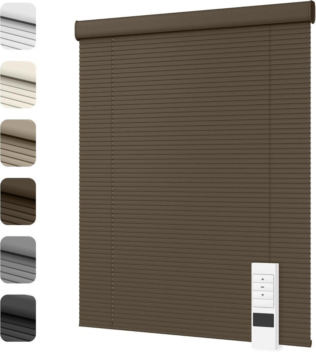 Motorized Cordless Aluminum Blinds with Remote, Automatic Room Darkening Horizontal Blinds for Indoor Windows, Light Adjustment Waterproof Blinds, Customized for Home Office, Brown