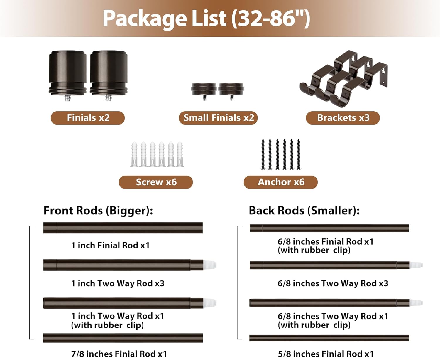 Double Curtain Rod 32 to 86 Inch, HOTOZON 1 Inch Heavy Duty Double Curtain Rods for Windows 20 to 82 Inches(1.7-6.8 ft), Telescoping Drapery Rod with Simple End Finials, Bronze