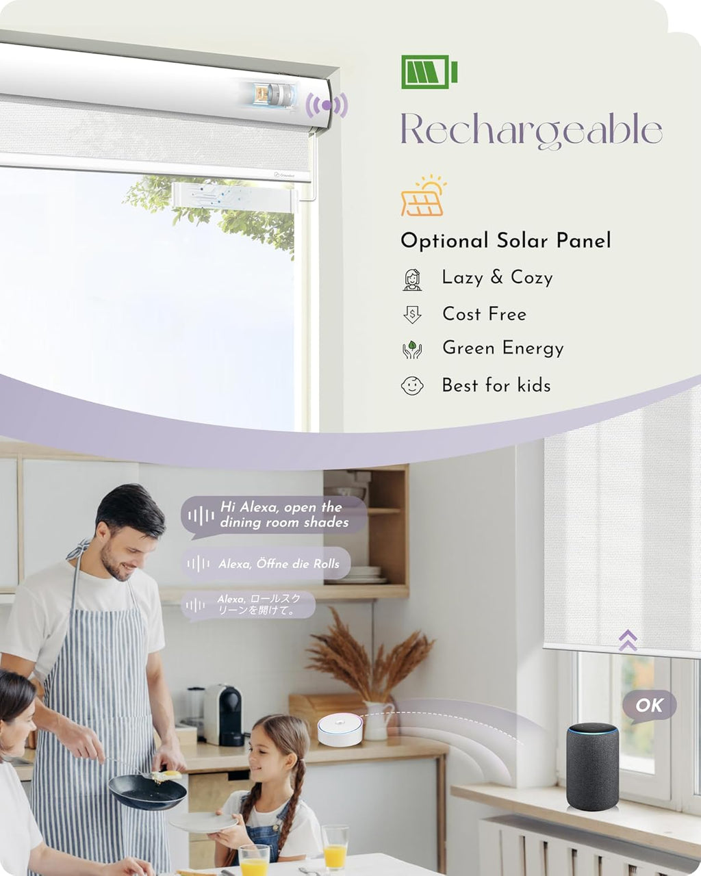Graywind Motorized Solar Shades Light Filtering Mesh Shade Compatible with Alexa Google Remote Control Window Blinds with Valance for Smart Home Office Business, Custom Size (1% Openness White)