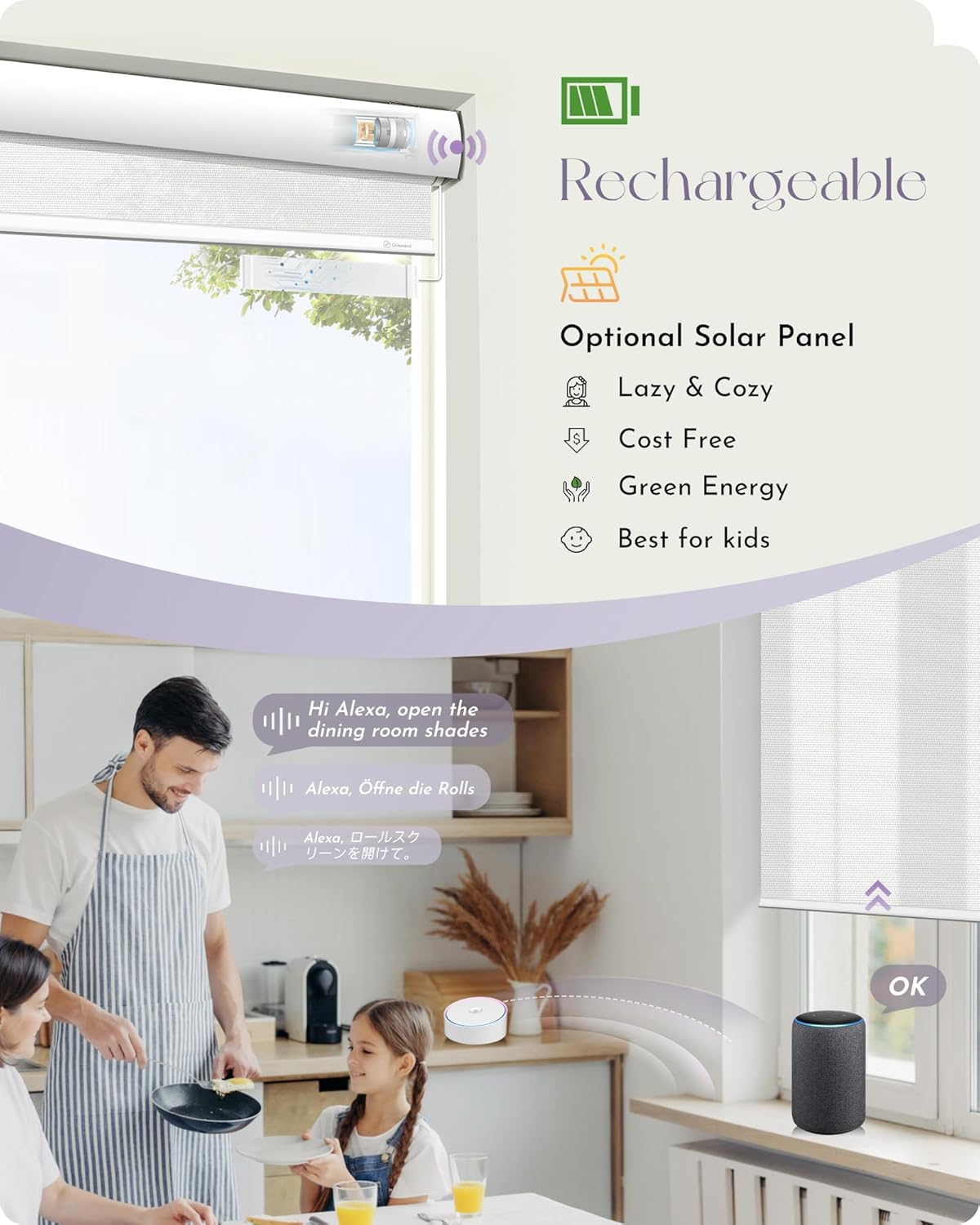 Graywind Motorized Solar Shades Light Filtering Mesh Shade Compatible with Alexa Google Remote Control Window Blinds with Valance for Smart Home Office Business, Custom Size (1% Openness White)