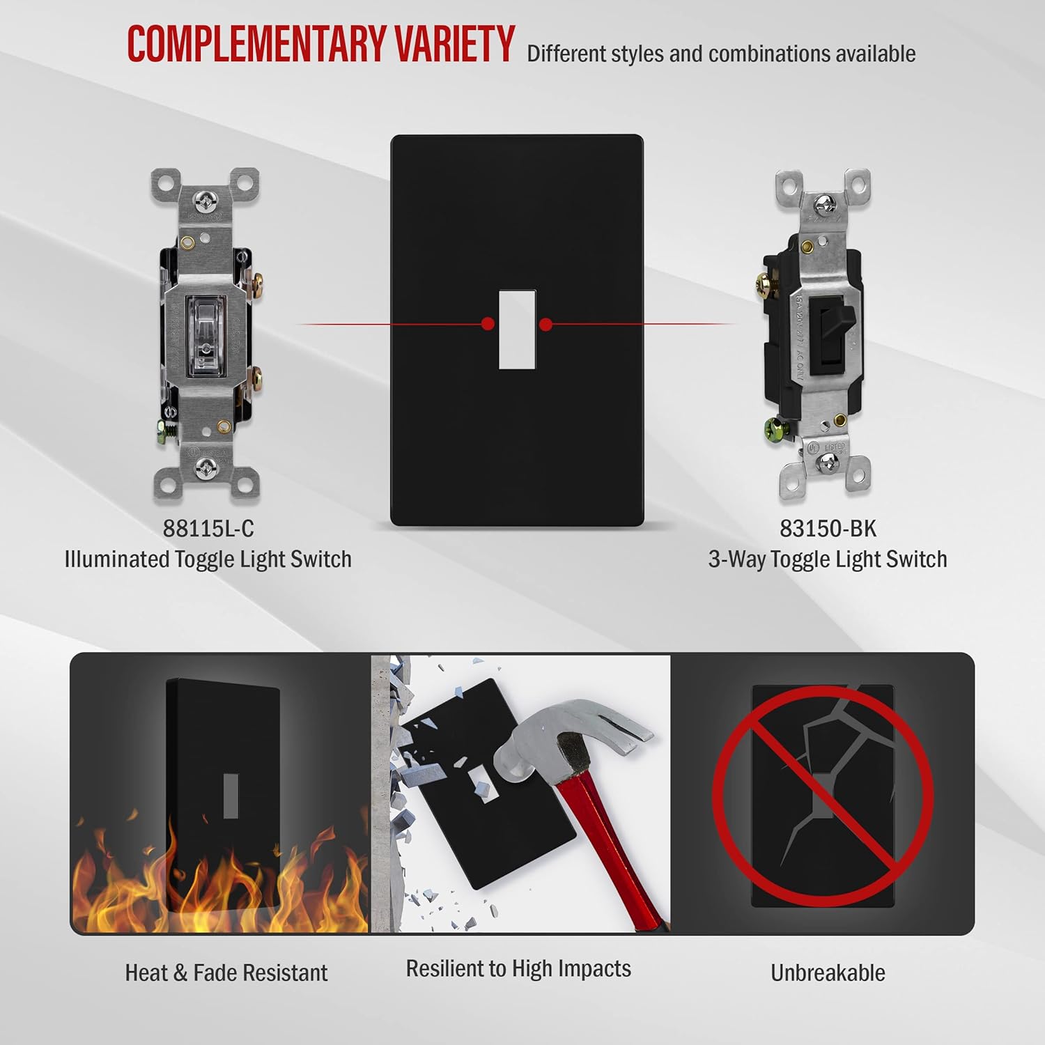 ENERLITES Screwless Toggle Switch Wall Plate, Child Safe Light Switch Cover, Standard Size 1-Gang 4.68" x 2.93", Unbreakable Polycarbonate Thermoplastic, UL Listed, SI8811-BK, Glossy, Black