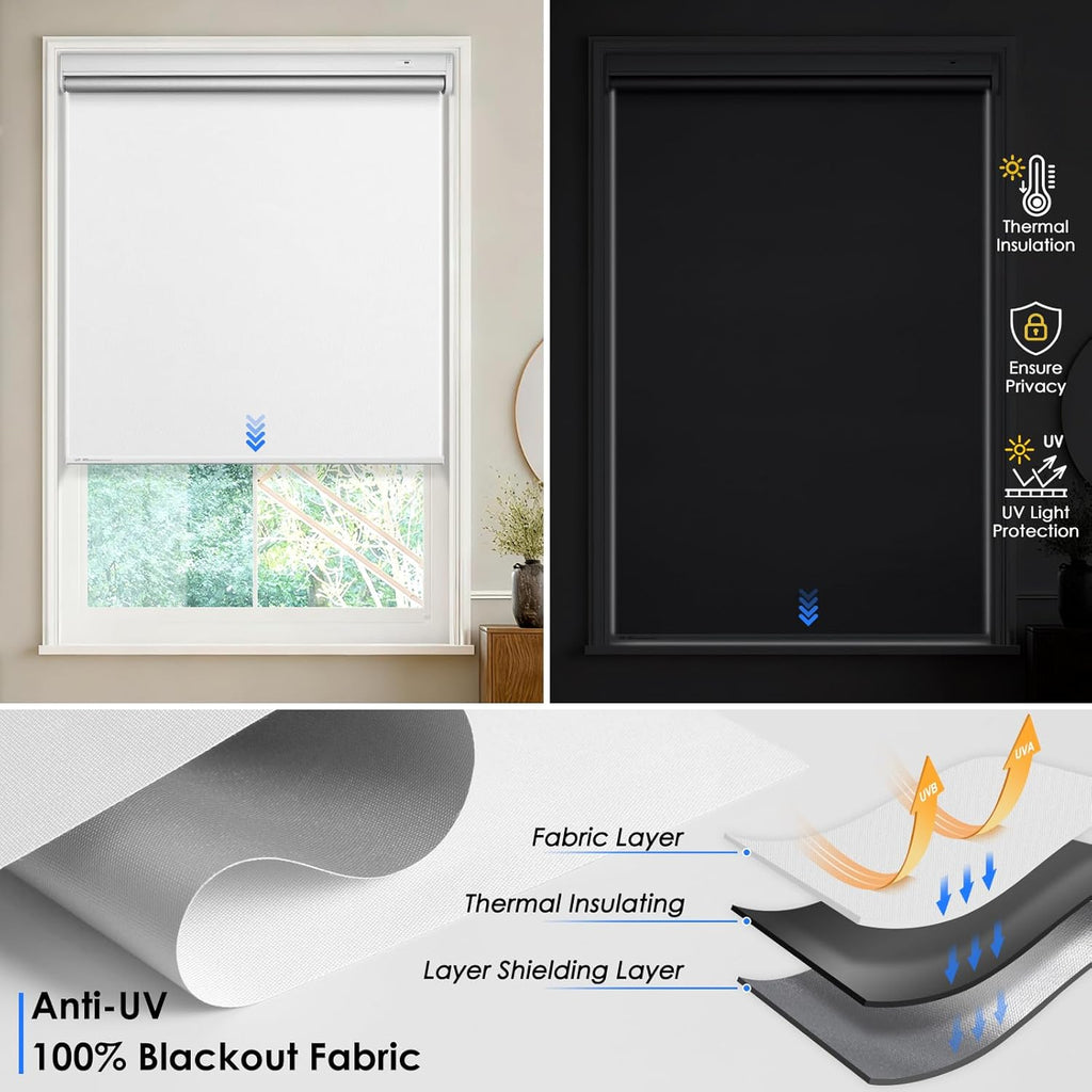 Motorized Roller Blinds with Remote Control & Solar Panel - 100% Blackout Smart Blinds, Automatic, Cordless, Electric Shades - Compatible with Alexa -White