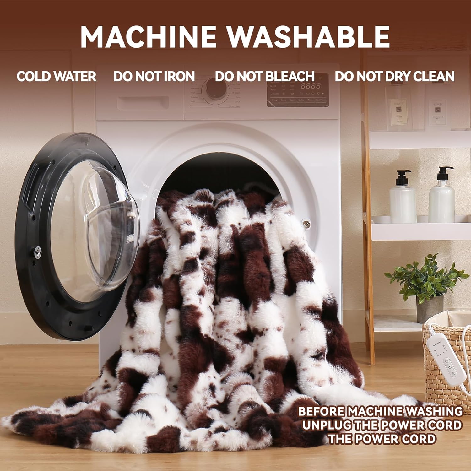 Cow Print Heating Throw Blankets Luxurious Western Soft Bubble Faux Rabbit Fur 8 Heat Settings Overheat Protection Quick Heating Electric Heated Blanket 50"x60"(Brown)