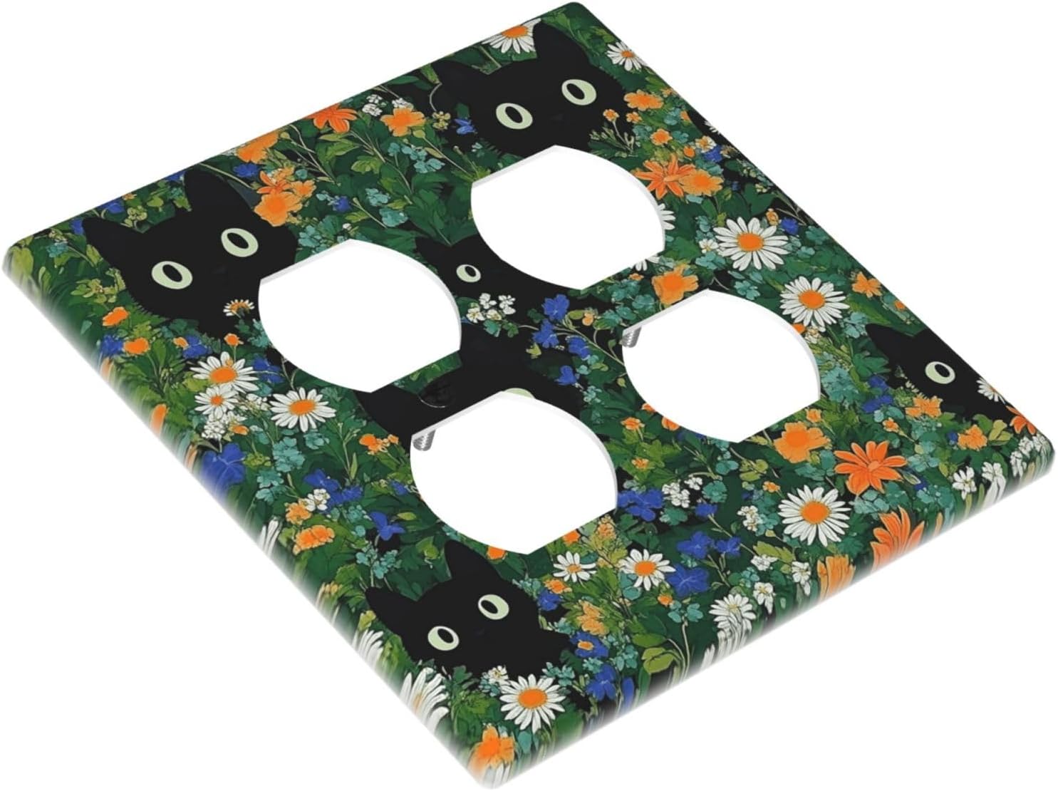 Boho Funny Black Cute Cats Daisy Wildflower Outlet Covers 2 Gang Double Duplex Decorative Light Switch Covers Electrical Wallplates Socket Faceplate For Kids Room Bed Room Decor