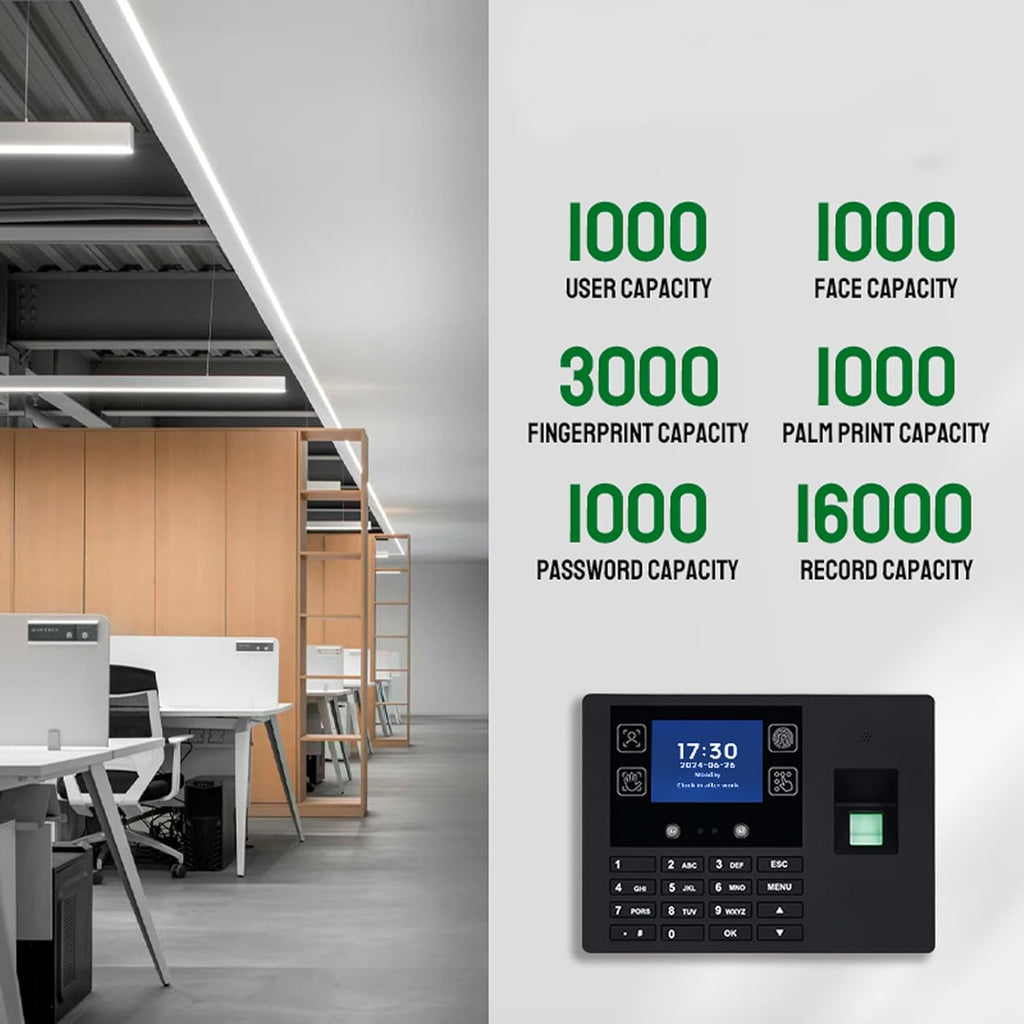 Employee Time Clocks for Small Business, Versatile 4 in 1 Time Machine (Face + Fingerprint + Palm Print + PIN), Clock in & Out Attendance Machine Punch Clock