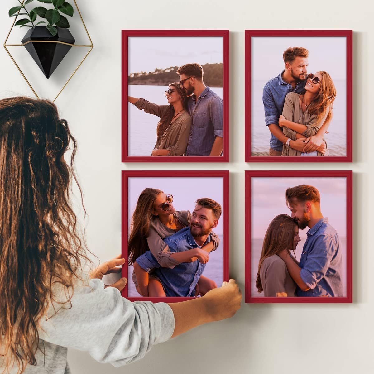 Renditions Gallery Set of 4, 8X10 Custom Photo Prints with Real Wood Picture Frames. Create Personalized Photos with Peel & Stick Photo Frames. Red Frame