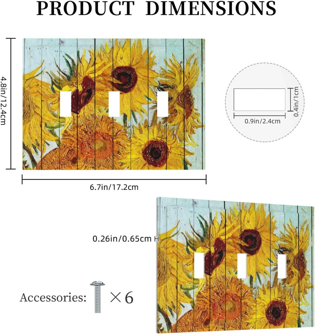 Decorative Switch Plates Sunflowers Oil Paintings Wood Floral 3 Gang Wall Plate Triple Toggle Light Switch Cover Faceplate Electrical Wall Panels For Farmhouse Bed Room Decor