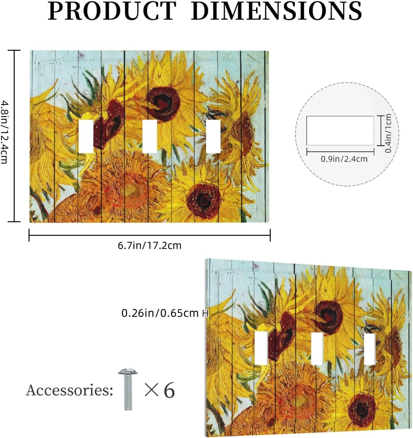 Decorative Switch Plates Sunflowers Oil Paintings Wood Floral 3 Gang Wall Plate Triple Toggle Light Switch Cover Faceplate Electrical Wall Panels For Farmhouse Bed Room Decor