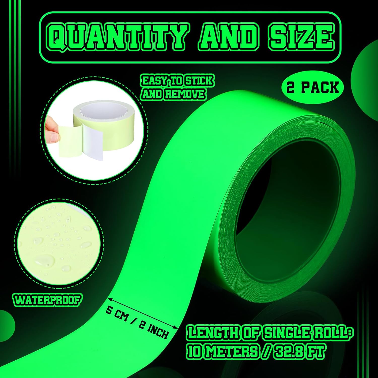 2 Rolls Glow in The Dark Tape 32.8 ft x 2 Inch Luminous Phosphorescence Green Long Lasting Bright Glow Tape for Halloween Night Decorations, Theater Stages, Stairs, Walls, Steps and Exit Sign