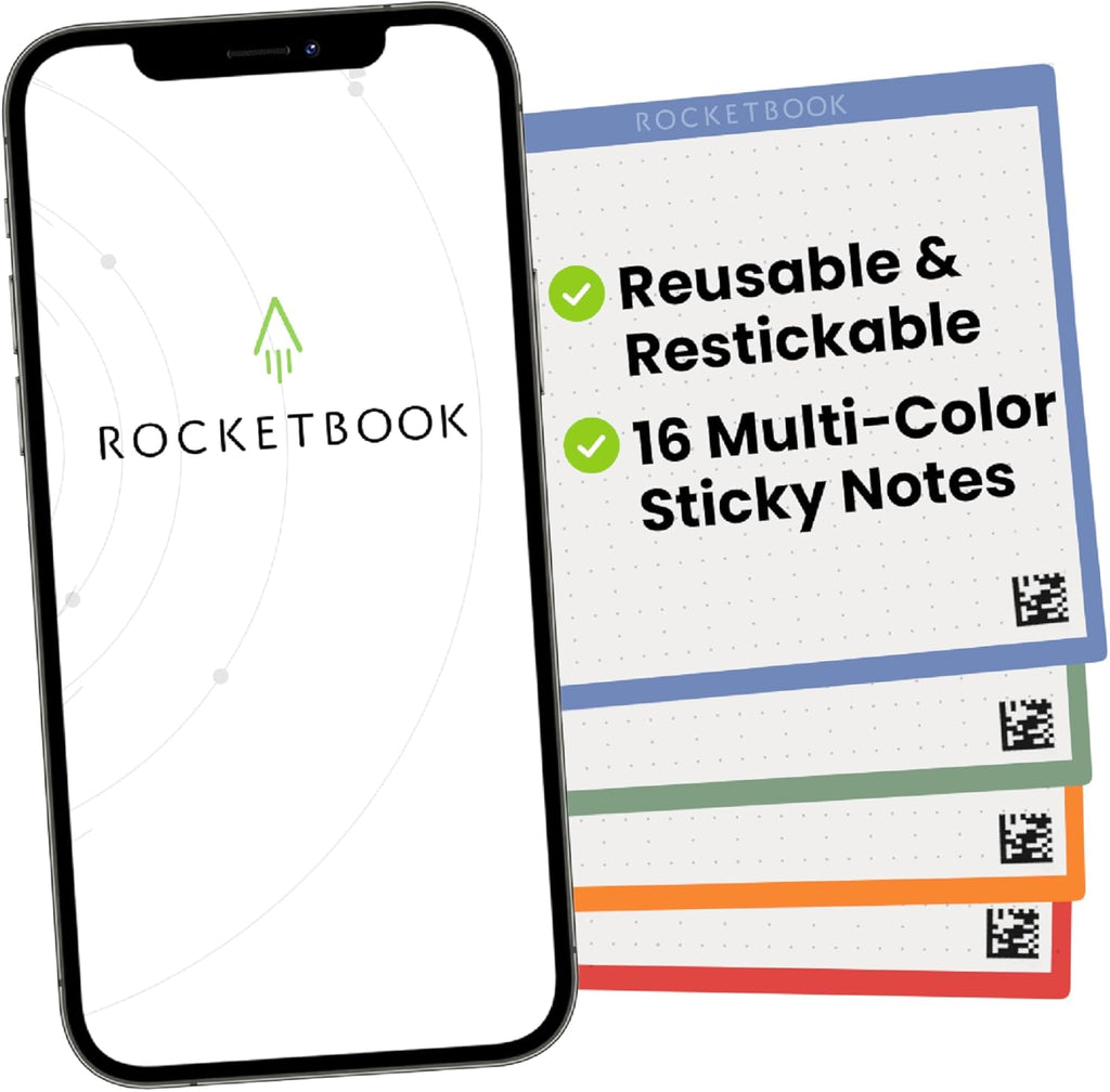 Rocketbook Reusable Sticky Notes, Restick and Reorganize Memo Pads, 3"x3", 16 Multi-Colored Sticky Notes Only (Pack of 1)