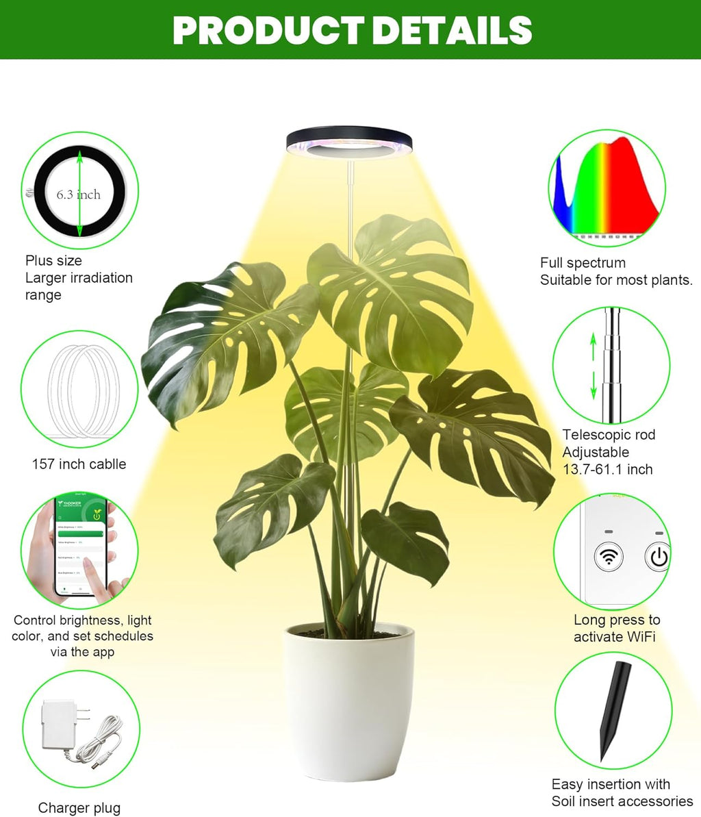 Plant Grow Light,yadoker Smart Plant Light Works with Alexa,Google for Indoor Plants,Height Adjustable,Customized Light Brightnesss,Multiple Timers