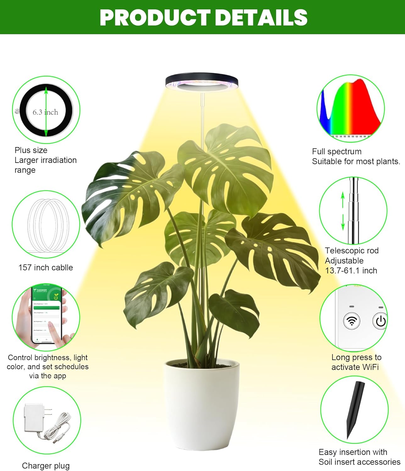 Plant Grow Light,yadoker Smart Plant Light Works with Alexa,Google for Indoor Plants,Height Adjustable,Customized Light Brightnesss,Multiple Timers