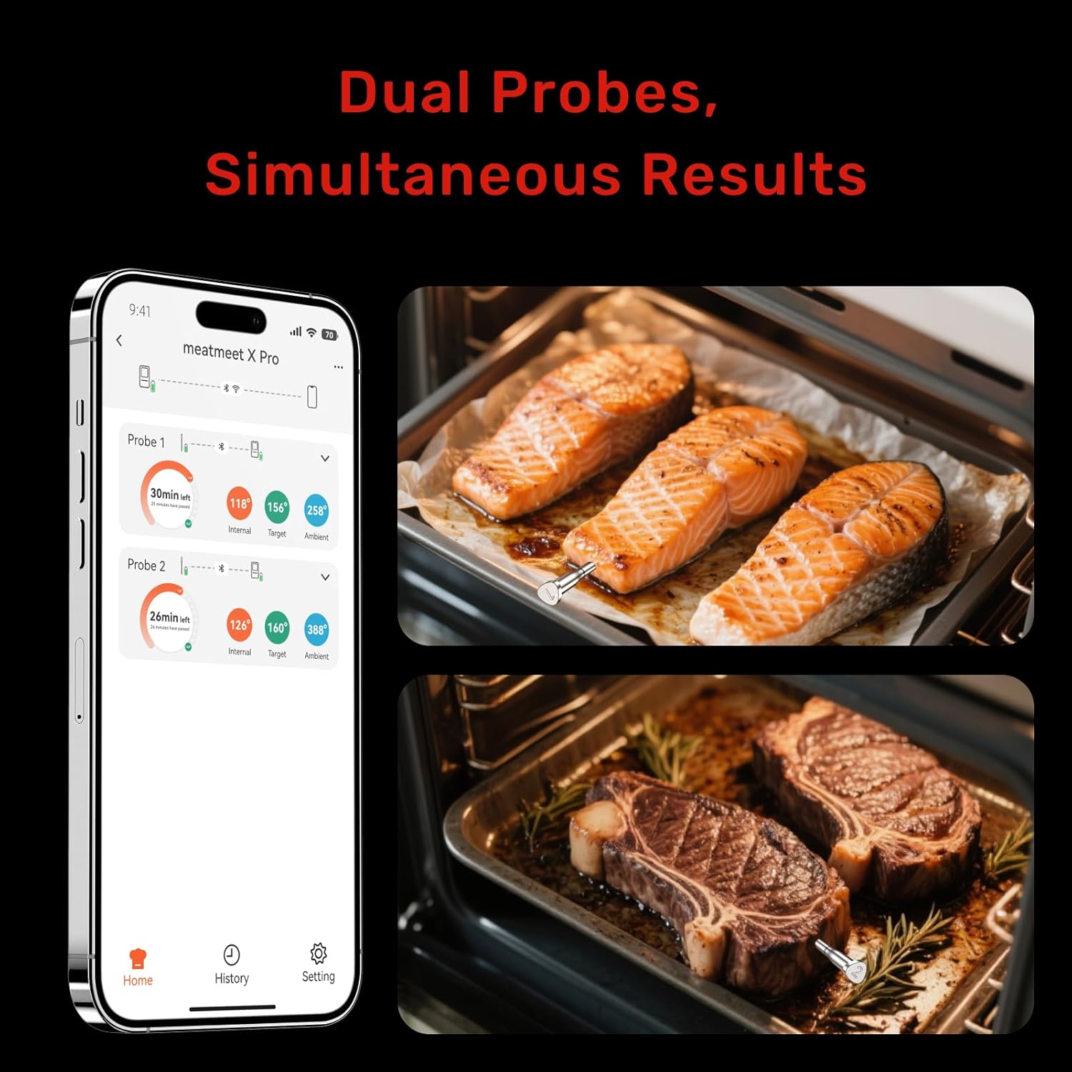 X Pro Wireless Meat Thermometer with Dual Wi-Fi & Bluetooth, Digital Meat Thermometer with 2 Probes & LED Display Base, 6 Built-in Sensors, IP69 Waterproof, for Grills, Ovens, Smokers & BBQs