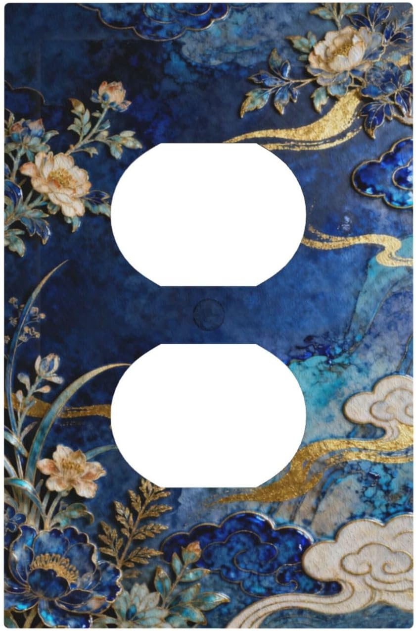 Decorative Outlet Covers Blue White Flower Gold Line Cloud 1 Gang Duplex Light Switch Cover Plate Unique Wall Plates for Electrical Outlets Switch Plate Covers for Bedroom Home Decor