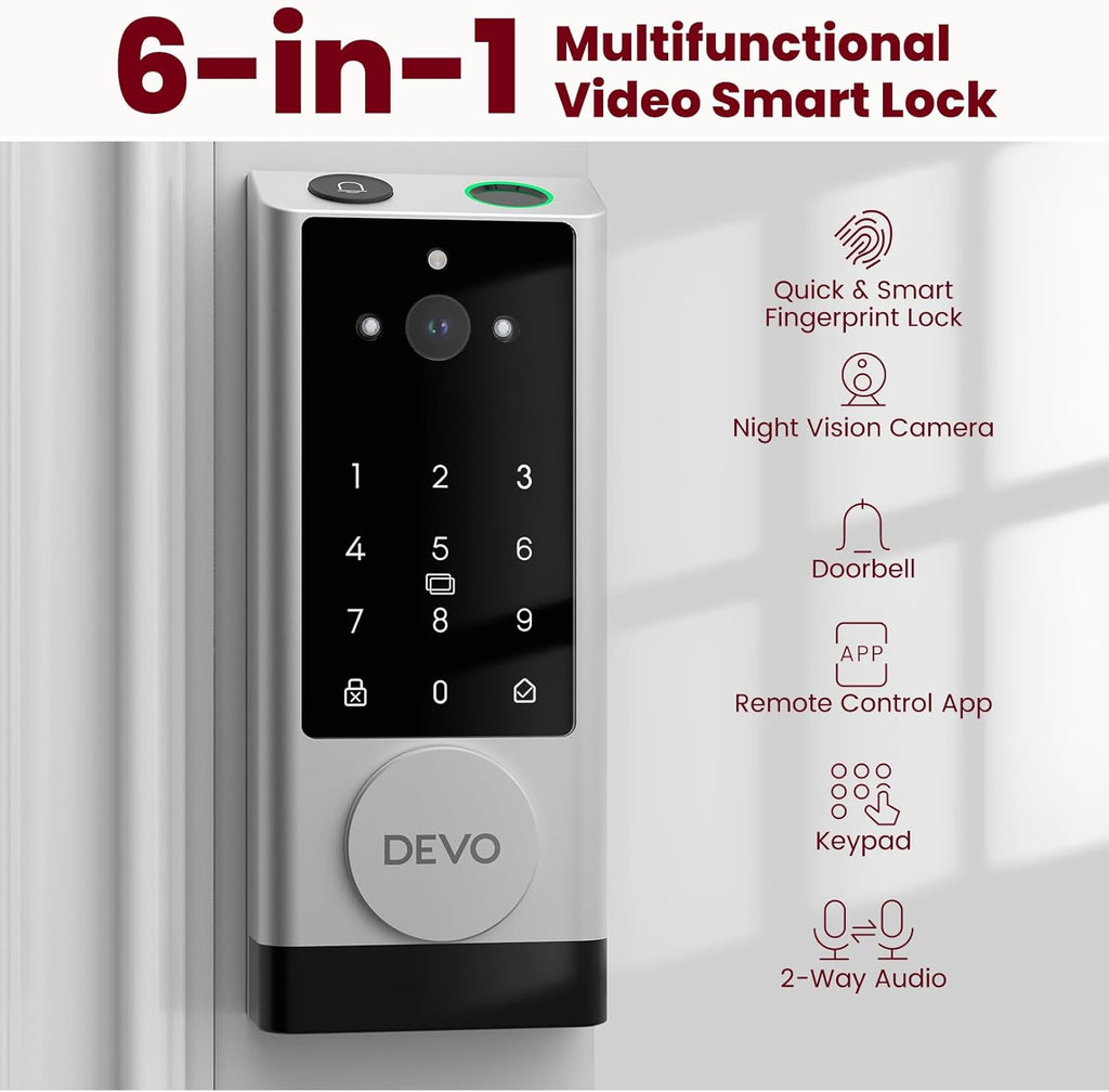 DEVO G1 6-in-1 Video Smart Lock with Camera & Doorbell, Keyless Entry Door Lock with Fingerprint, Auto Locks, App Remote, Built-in Wi-Fi Smart Deadbolt for Front Door