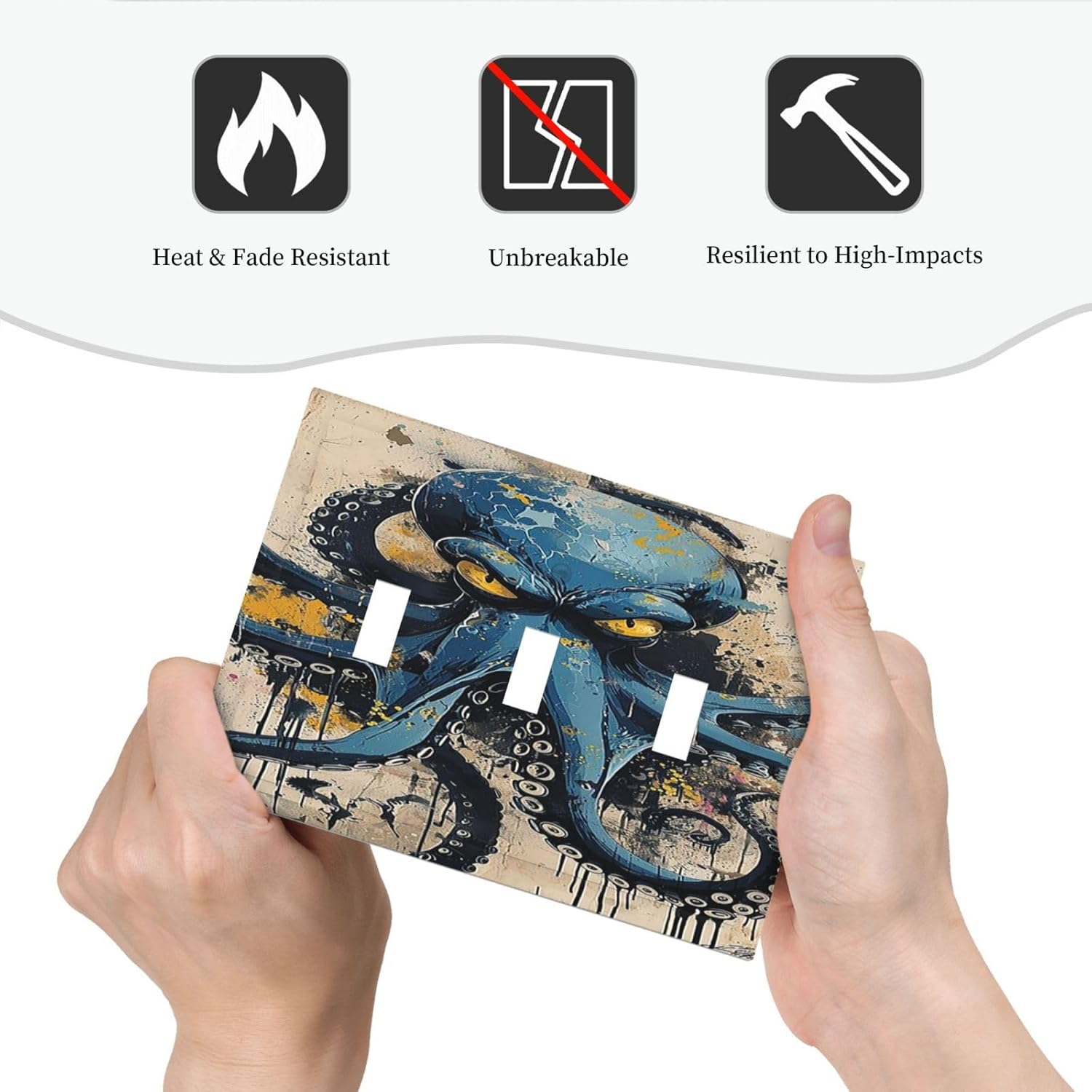 Decorative Switch Plates Nautical Vintage Blue Octopus Yellow Eyes Oil Watercolor 3 Gang Wall Plate Triple Toggle Light Switch Cover Faceplate Electrical Wall Panels for Kids room