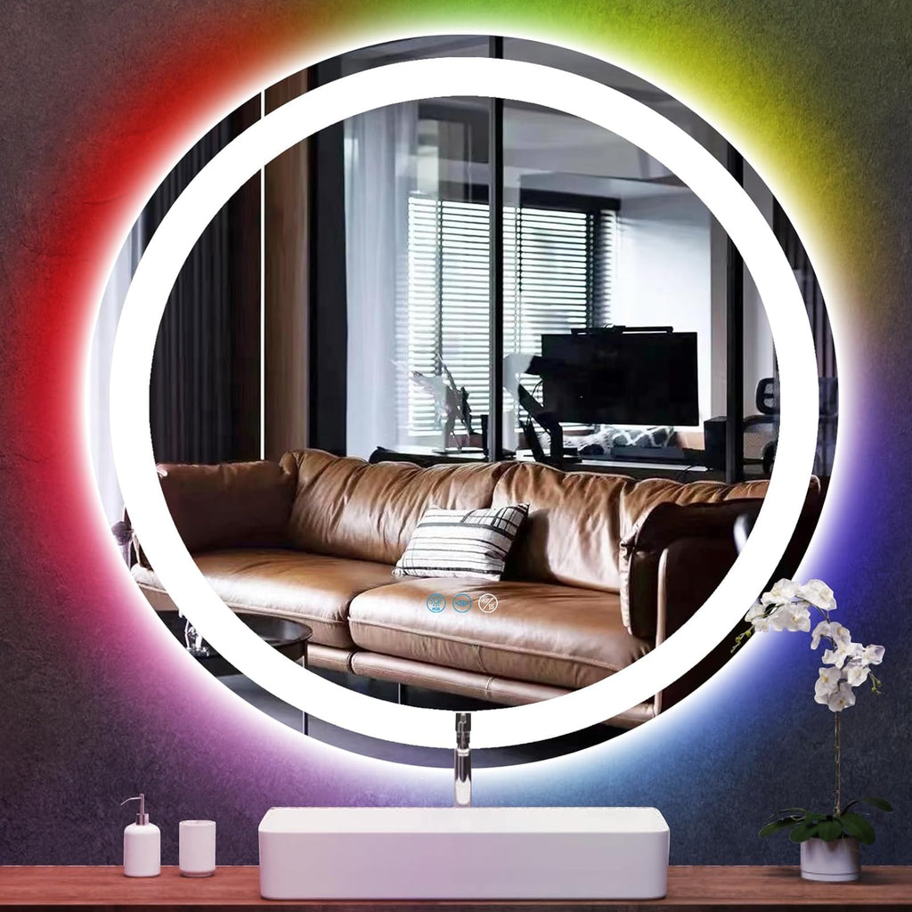 30 Inch LED Bathroom Mirror With Front Light 3 Colors + Rainbow RGB Color Changing Backlit Round Lighted Mirror for Wall Anti Fog 30" Smart Circle Mood Light up Mirror