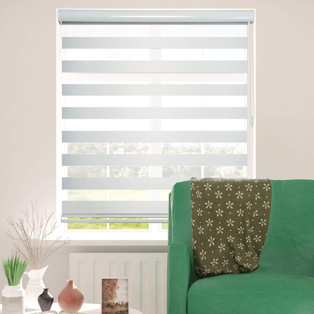 ShadesU Cordless Zebra Blinds for Windows, 22" W x 72" H, White, Dual Layer Free-Stop Zebra Shades, Light Control for Day and Night, Sheer Blinds for Indoor Windows, Bedroom, Kitchen