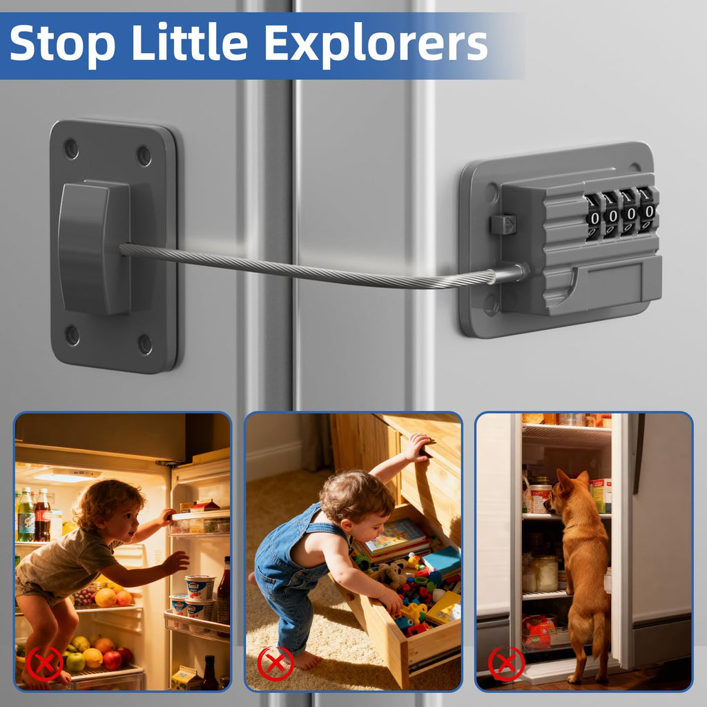 Refrigerator Lock, Heavy Duty Fridge Locks for Kids, Freezer Lock with Combination for Refrigerator Drawer Cabinet Safety, Easy to Install No Keys Needed Grey