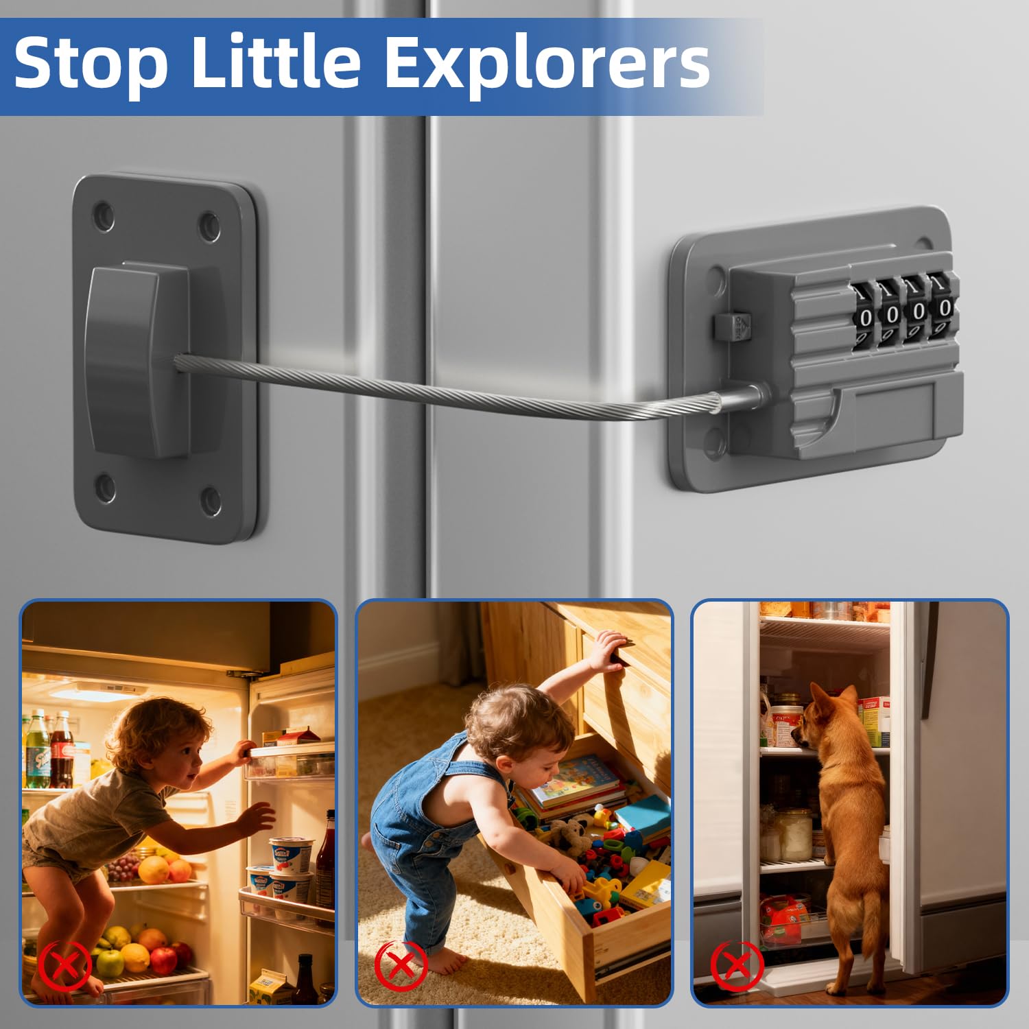 Refrigerator Lock, Heavy Duty Fridge Locks for Kids, Freezer Lock with Combination for Refrigerator Drawer Cabinet Safety, Easy to Install No Keys Needed Grey