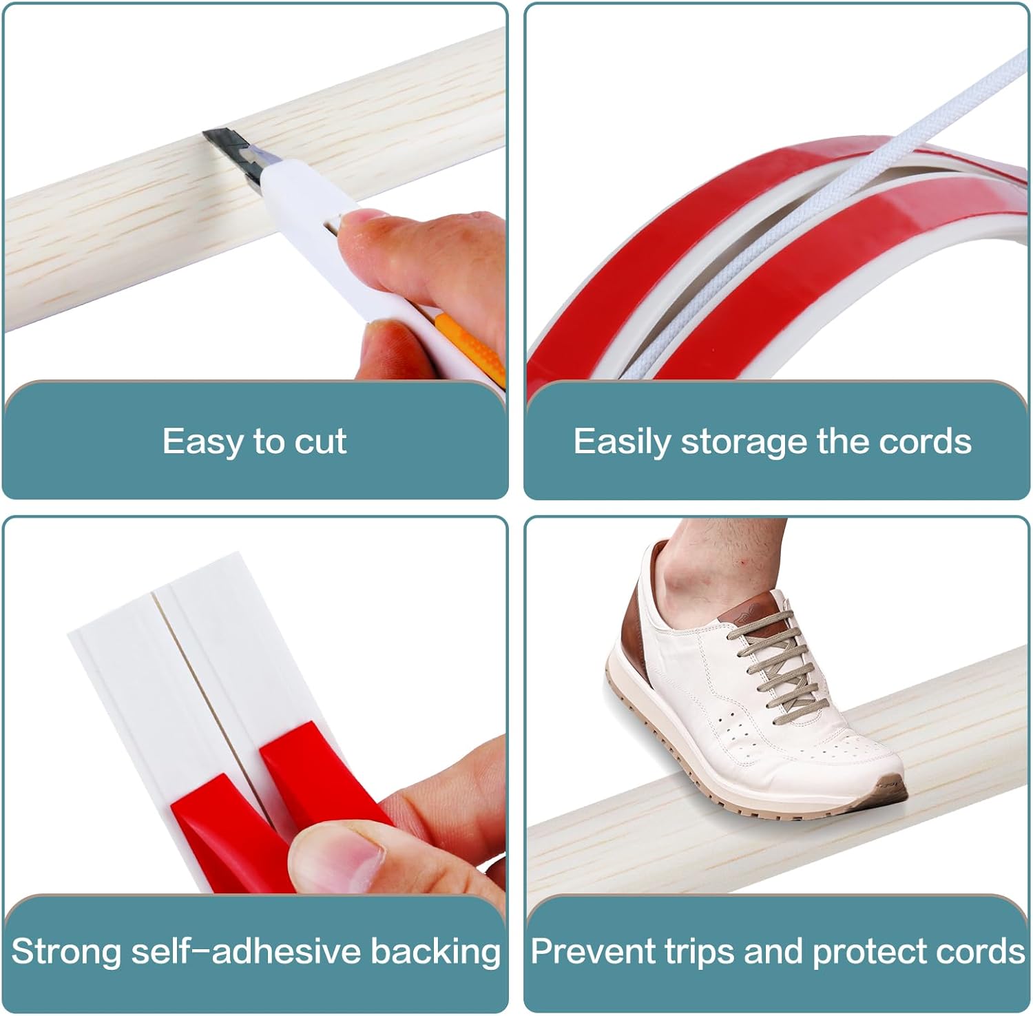Floor Cord Cover Self Adhesive Cord Hider Floor Extension Cord Covers for Floor Power Cord Protector Cable Management Prevent Cable Trips Cable Cavity 0.59" W x 0.31" H (Beige Wood, 20Ft)
