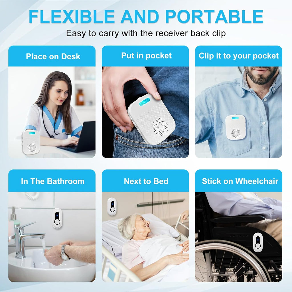 SanJie Wireless Caregiver Pager Call Bell for Patients at Home 328Ft Range Call Button for Elderly Life Alert Systems for Seniors (2 Rechargeable & Portable Receiver,3 Emergency Button)